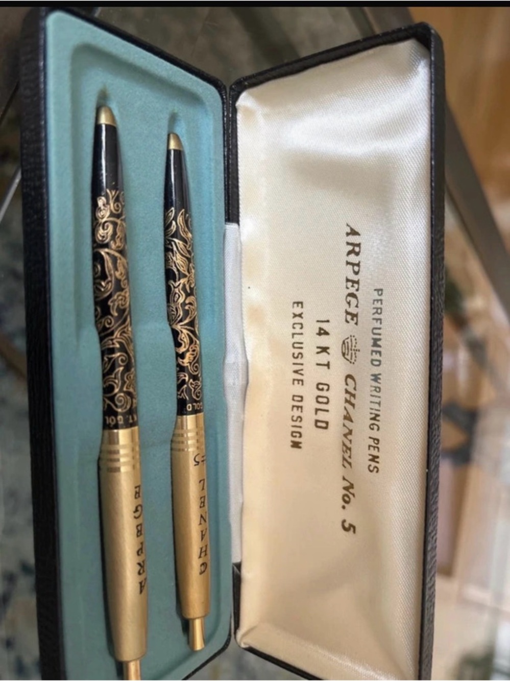 Vintage CHANEL Black and Gold Ornate Perfumed Writing Pen Set